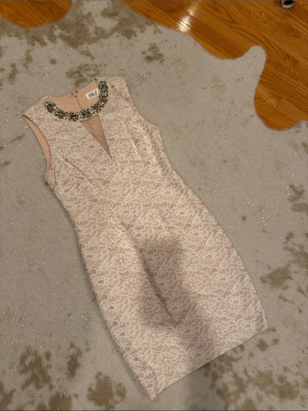 Eliza J Blush Pink Lace Midi Dress with Jeweled Collar